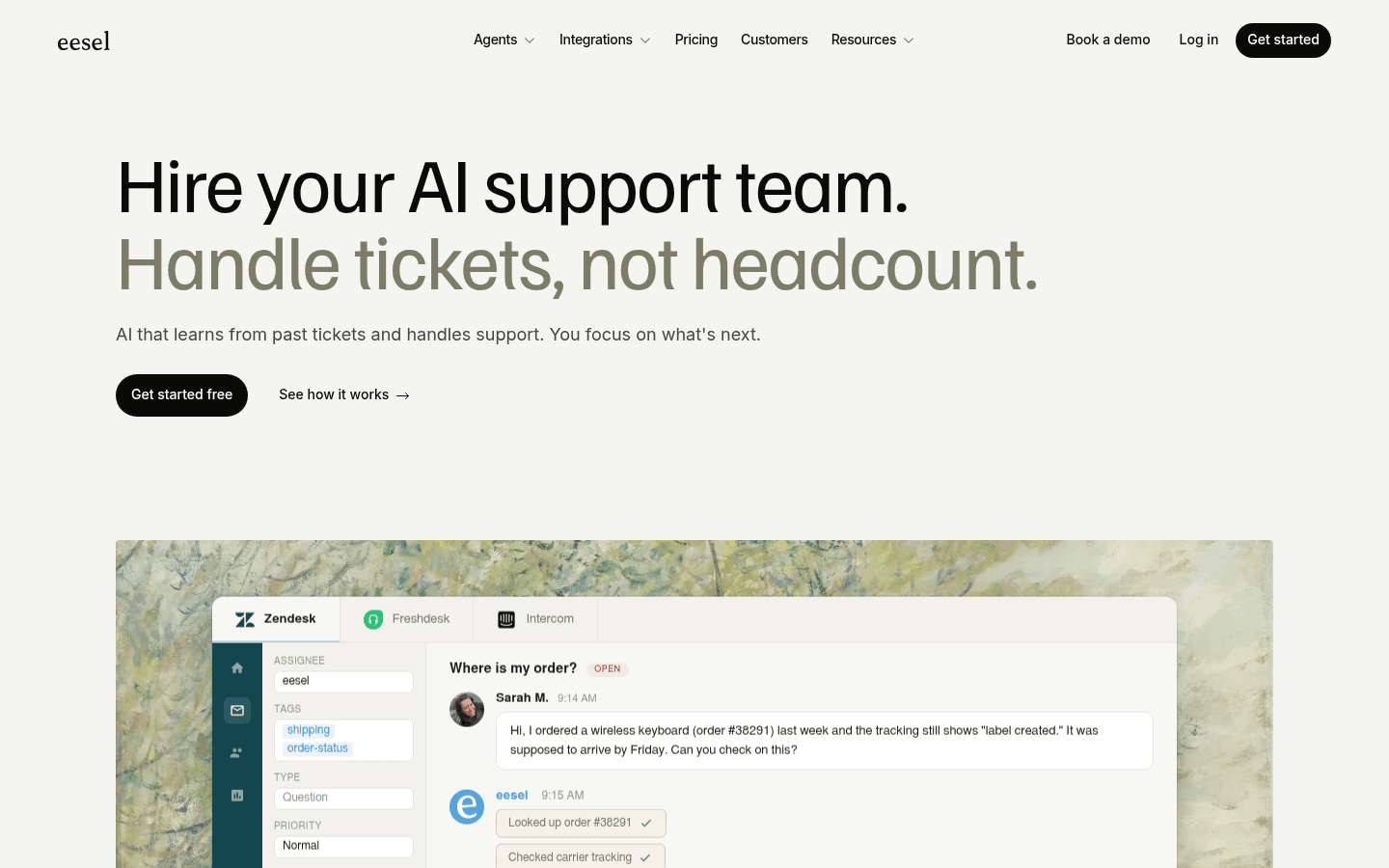 eesel AI helpdesk agent product page showing autonomous ticket resolution across classification, routing, and escalation