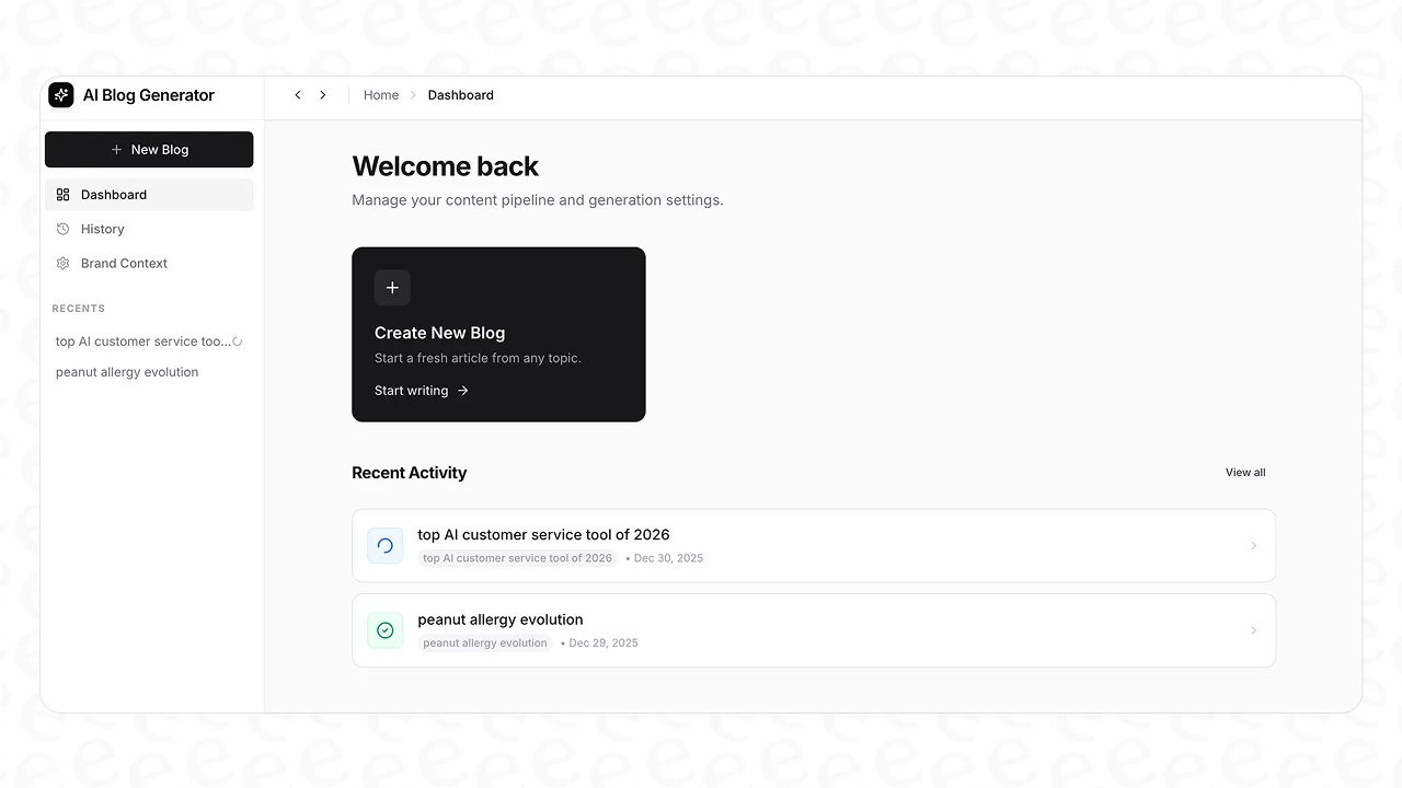 The dashboard for the eesel AI blog writer for WordPress, showing content generation settings.