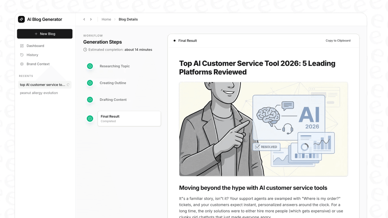 Una captura de pantalla del sitio web del redactor de blogs eesel AI, un ejemplo de herramientas modernas de SEO off-page para la creación de contenido.