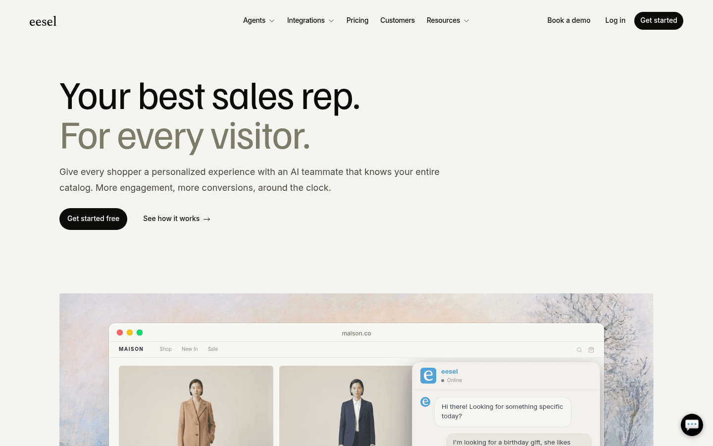 eesel AI ecommerce agent page showing in-app chat widget capabilities