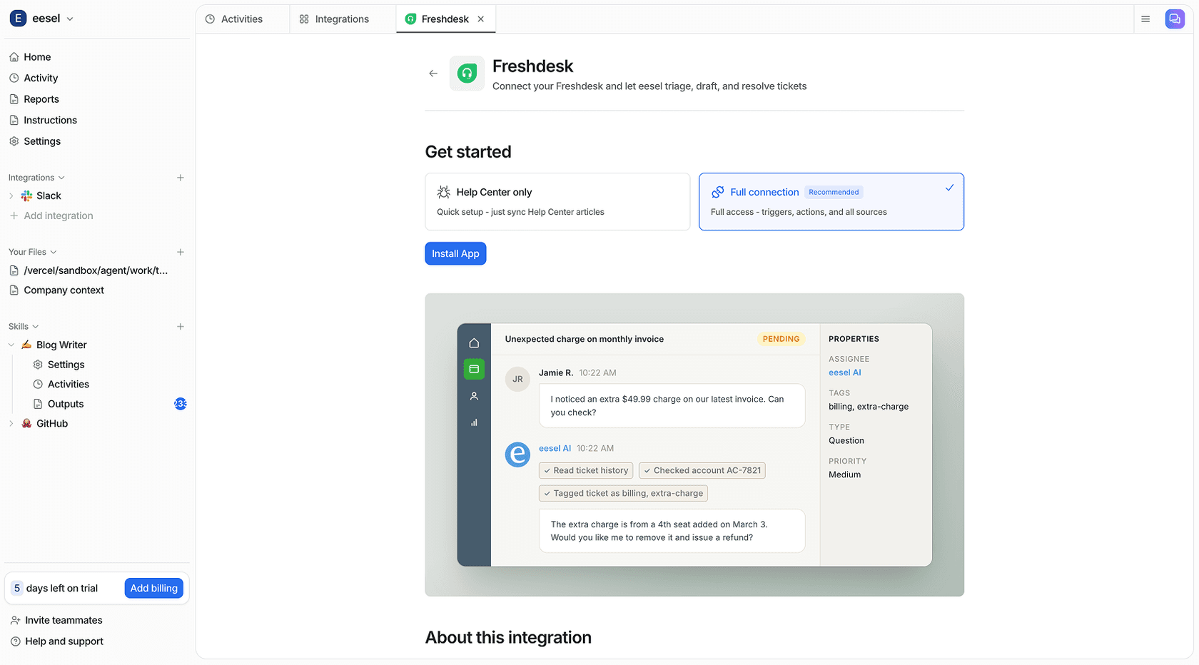 eesel AI dashboard showing Freshdesk integration with AI helpdesk agent handling tickets