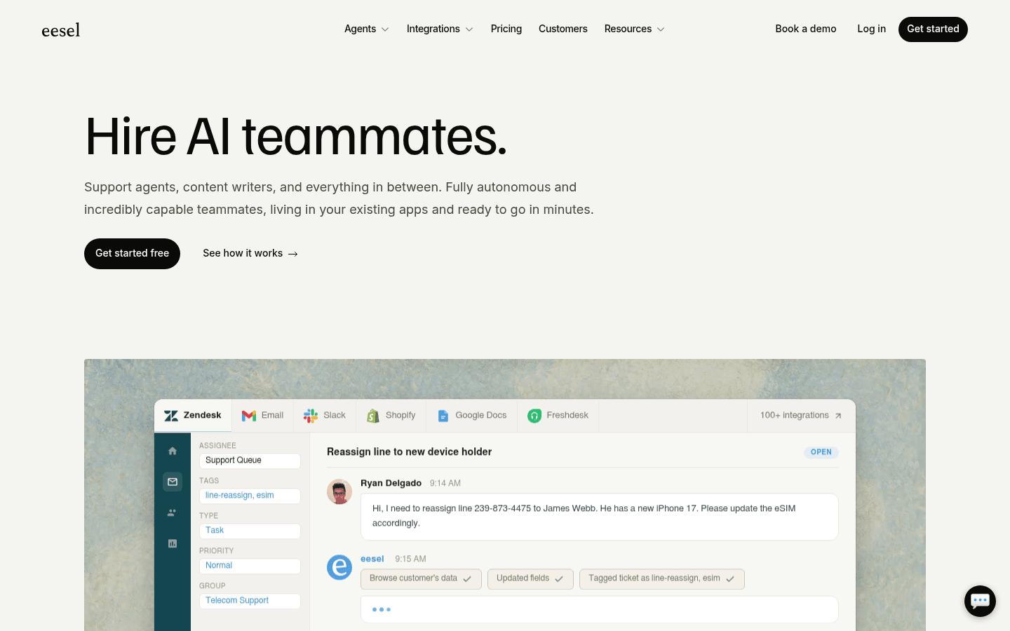eesel AI homepage showing the AI helpdesk agent connecting to Zendesk, Freshdesk, and other existing tools