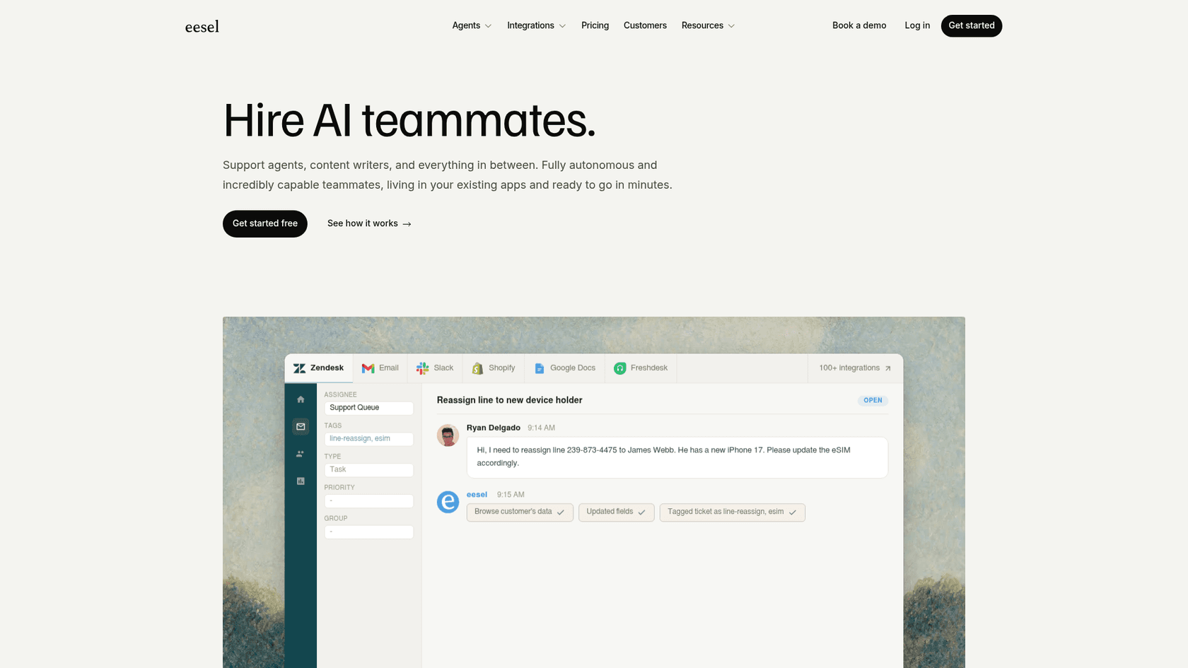 A screenshot of the eesel AI homepage showing the platform for AI-powered customer support.