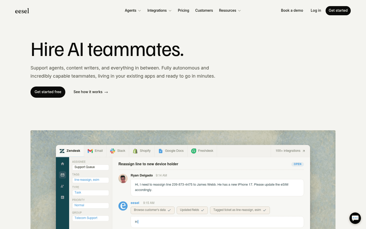 eesel AI homepage showing AI agents that sit on top of existing helpdesks like Zendesk, Freshdesk, and Intercom