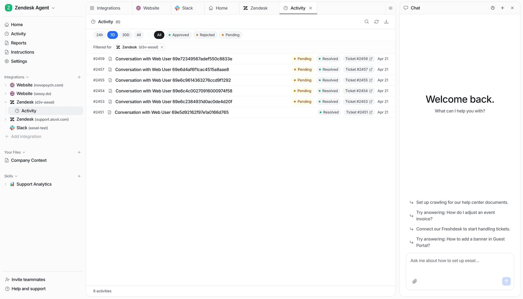 eesel AI dashboard showing Zendesk ticket activity — resolved conversations, escalations, and AI response drafts in the unified inbox