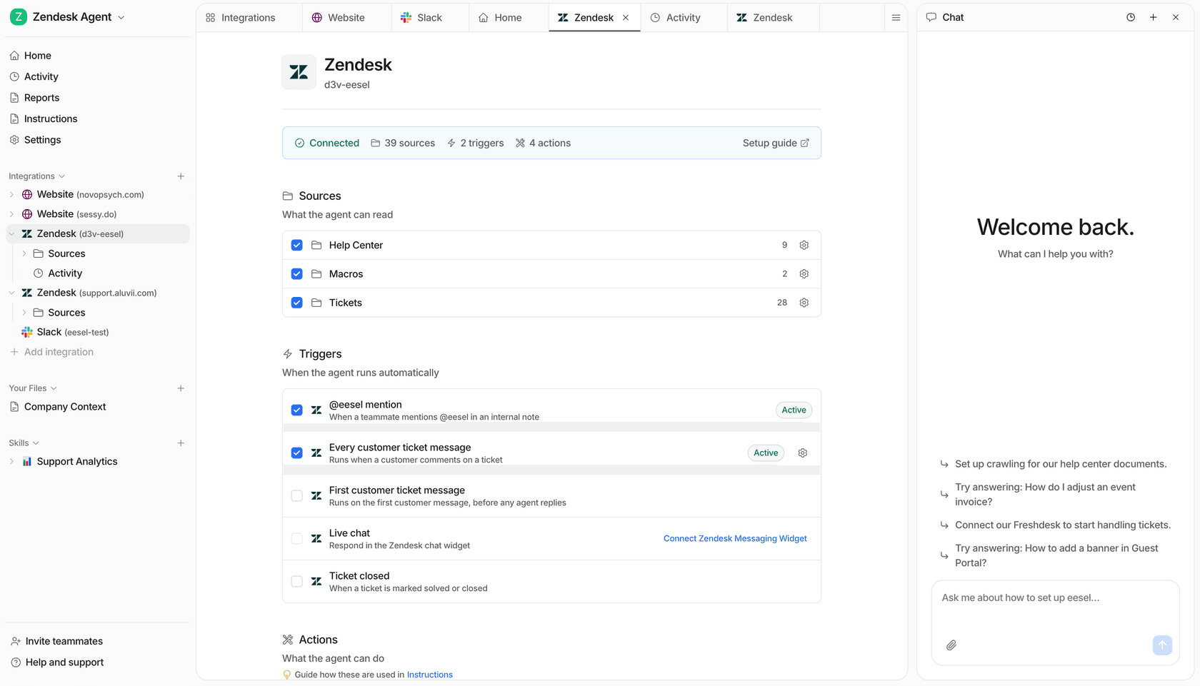 eesel AI Zendesk integration showing connected configuration and active ticket handling