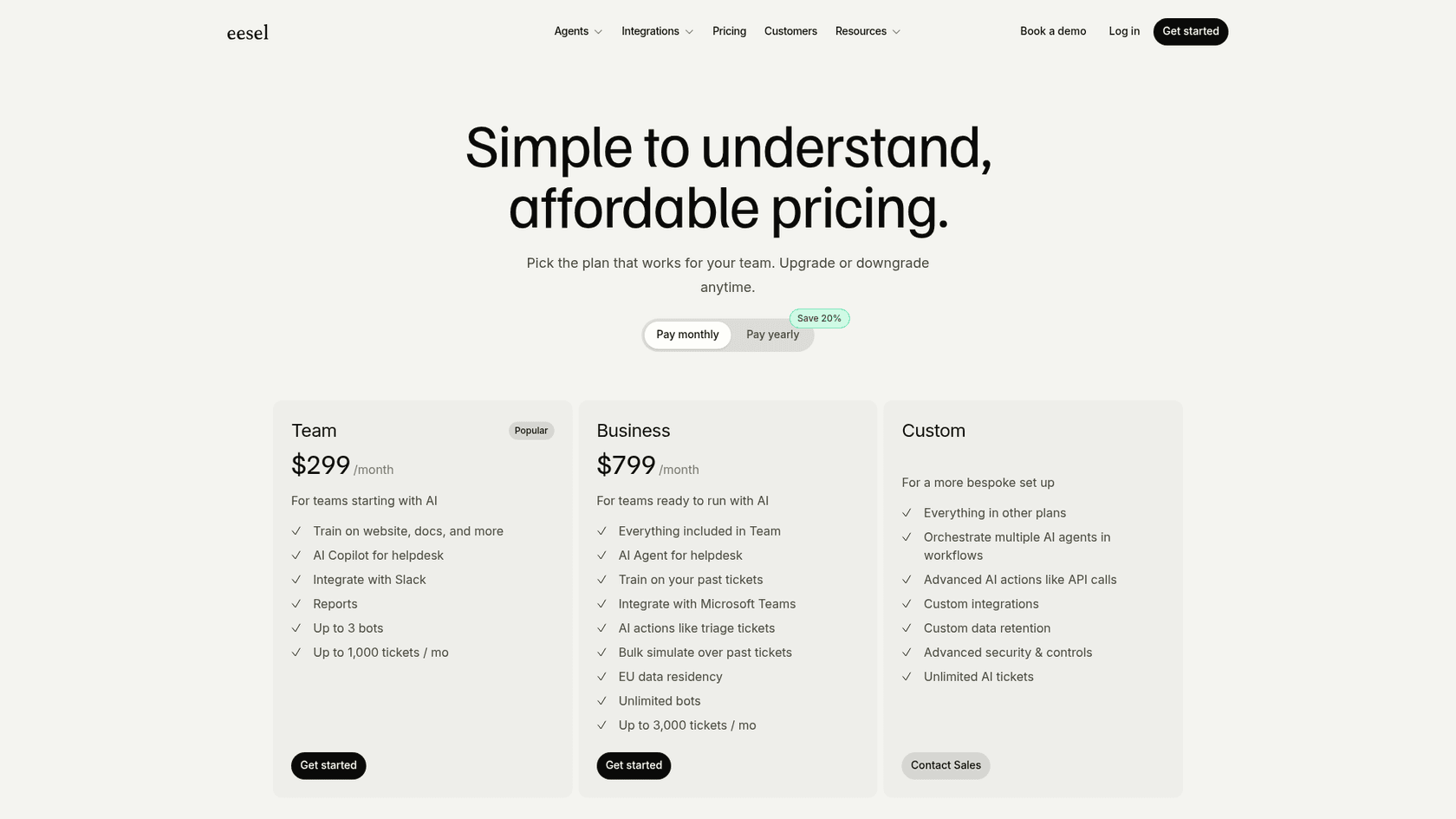 A screenshot of the eesel AI pricing page, which outlines their capacity-based pricing model.