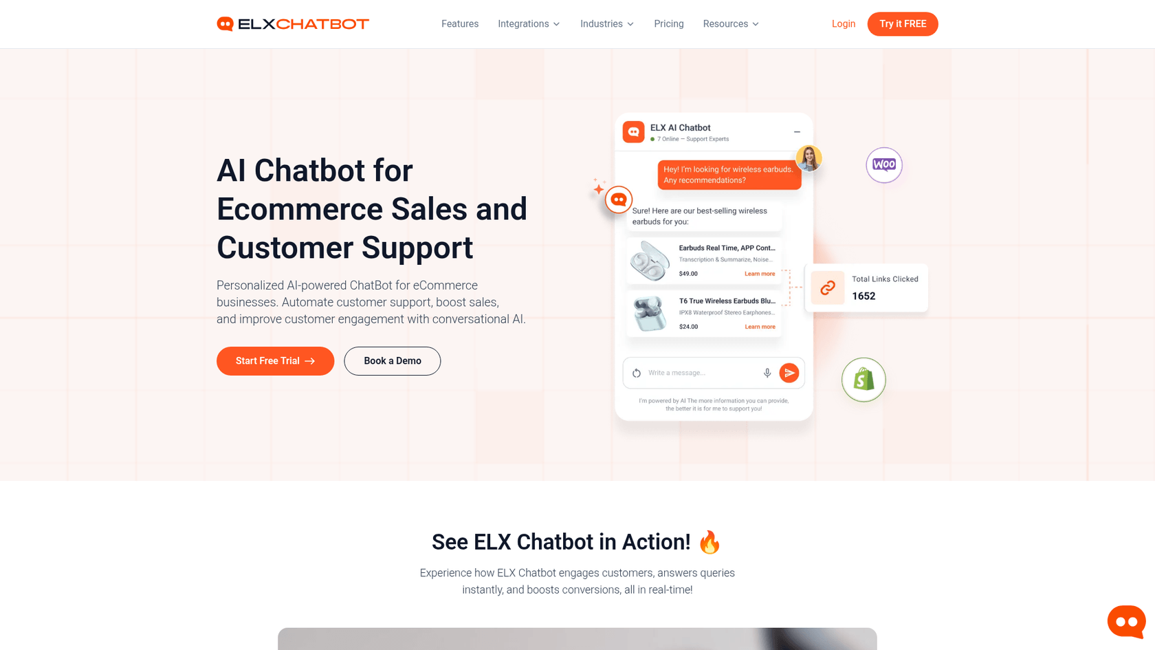 ELX Chatbot landing page with BigCommerce integration focus