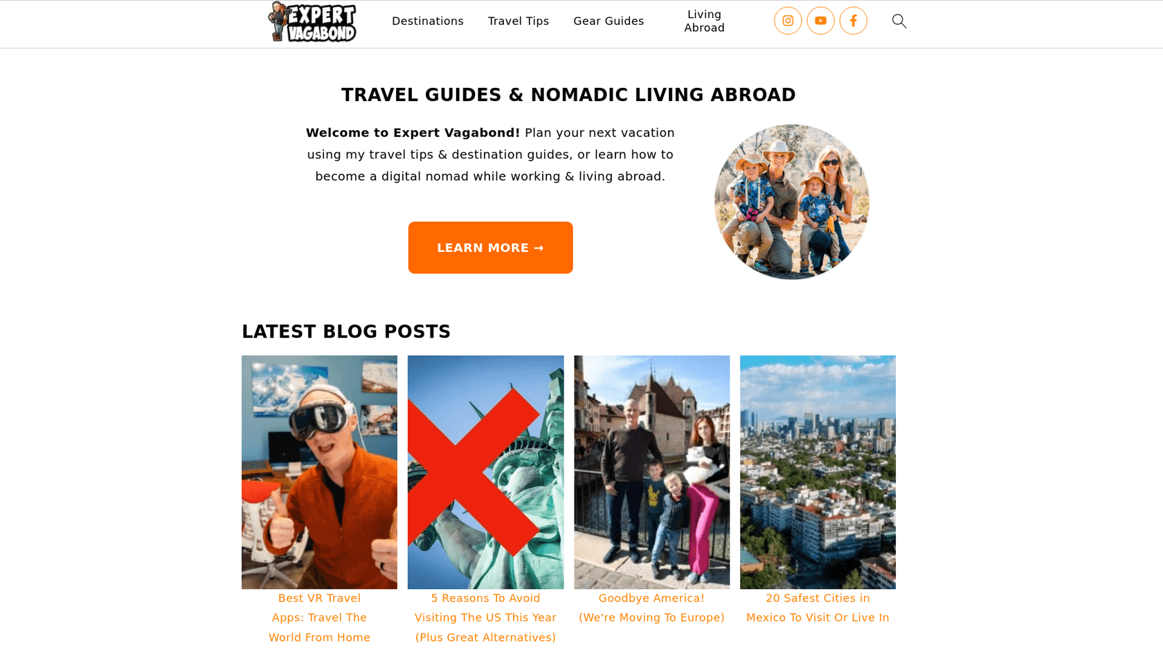 A screenshot of the Expert Vagabond homepage, an example of niche expert travel blog writing examples.