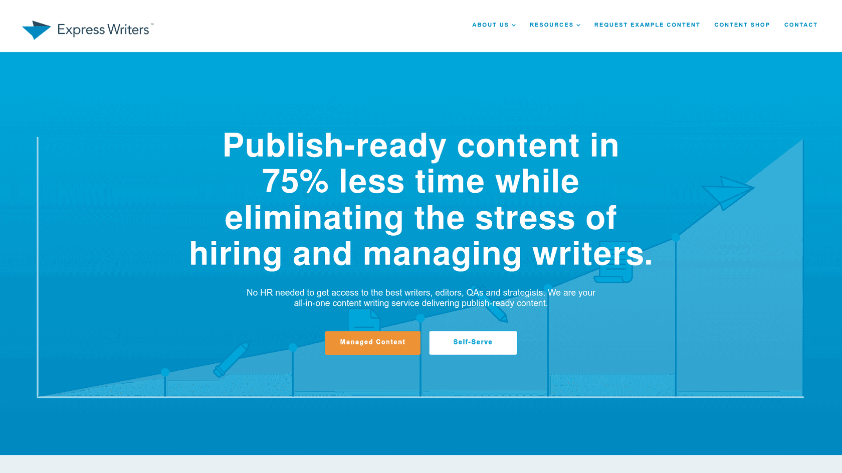 La página de inicio principal de Express Writers, una agencia de contenido que proporciona un redactor de blogs para una pequeña empresa.
