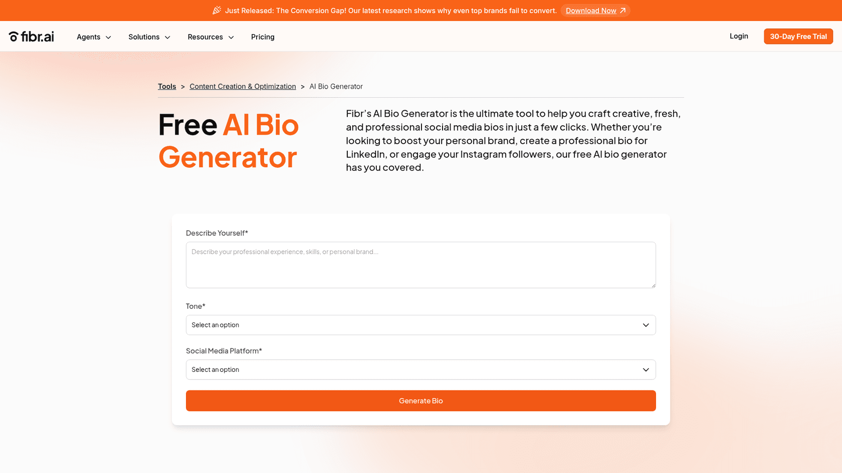 Una captura de pantalla de la página de destino del generador de biografías gratuito de Fibr.ai, una herramienta sencilla para crear biografías rápidas para redes sociales.
