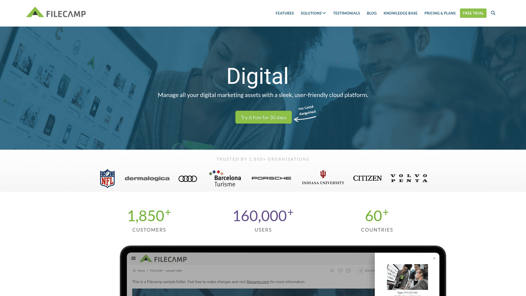 A screenshot of Filecamp's landing page.