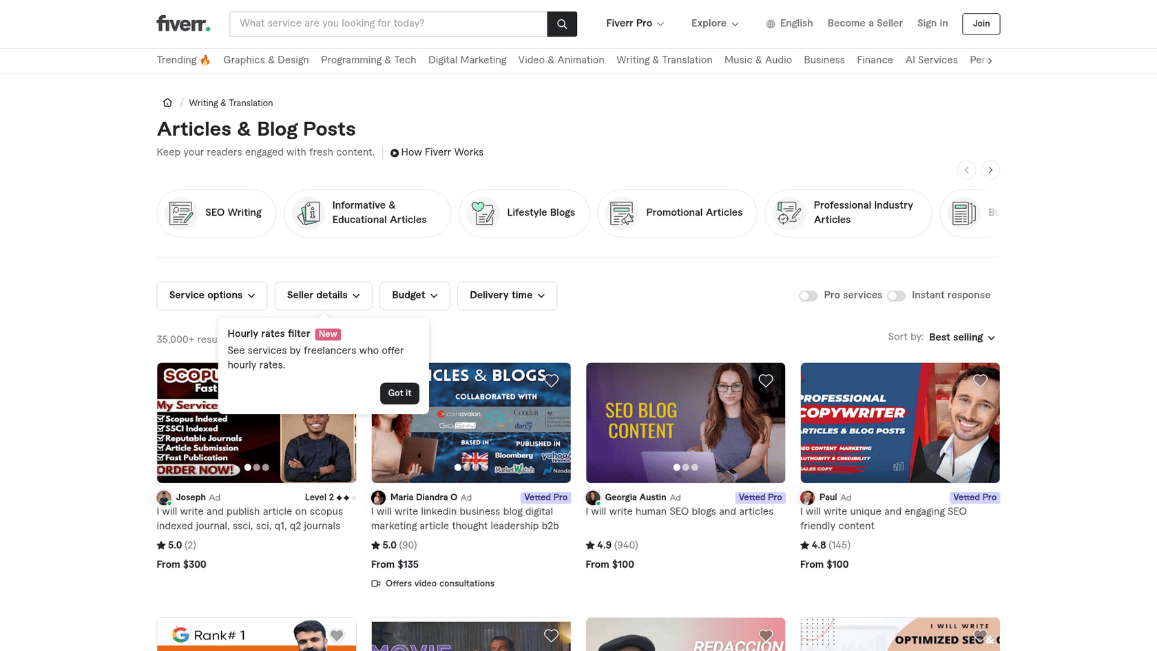 A screenshot of the Fiverr homepage, a marketplace to hire freelancers from a blog writing company.