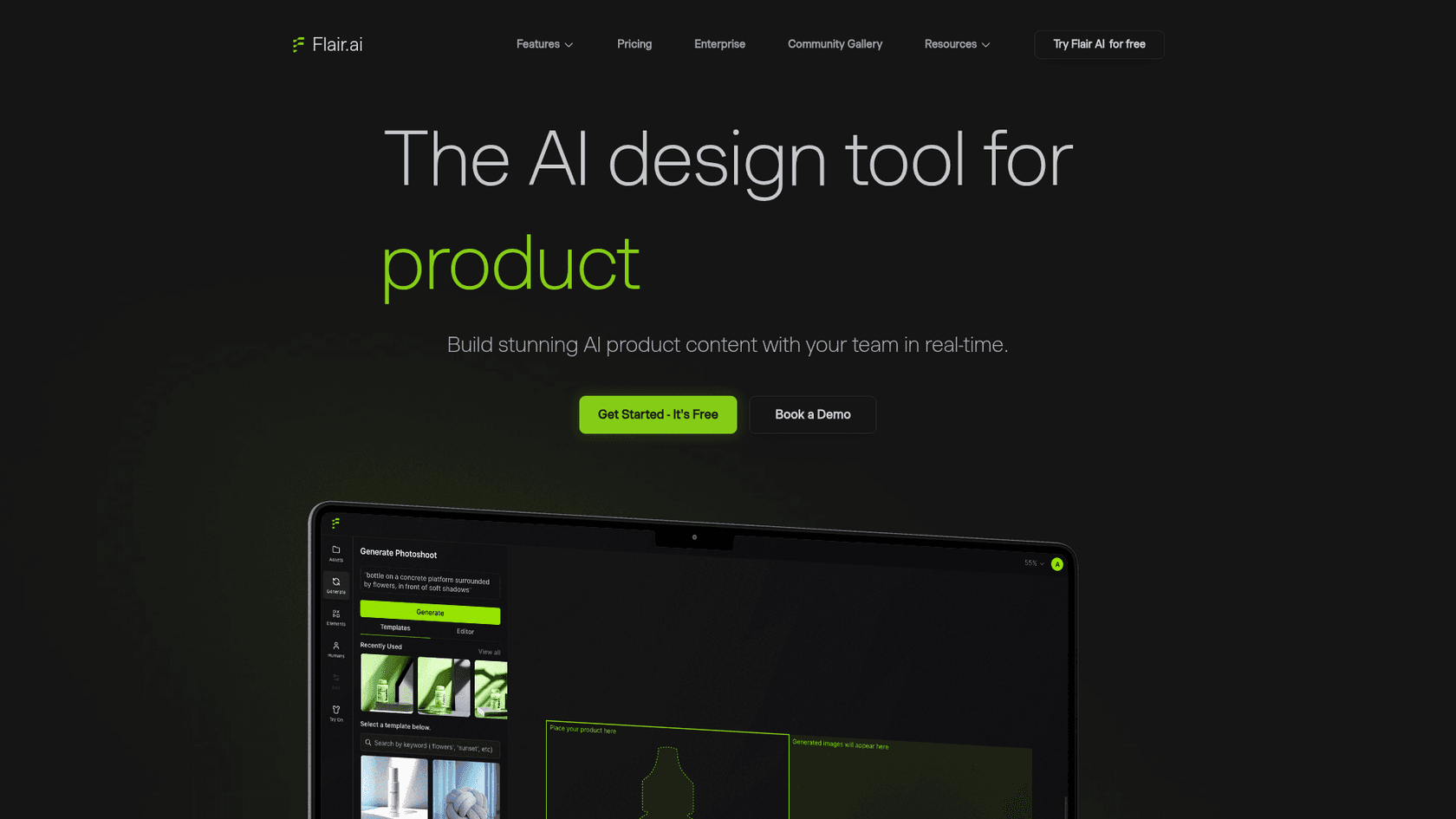 A screenshot of the Flair.ai homepage, a platform for creating visual AI ecommerce content AI.
