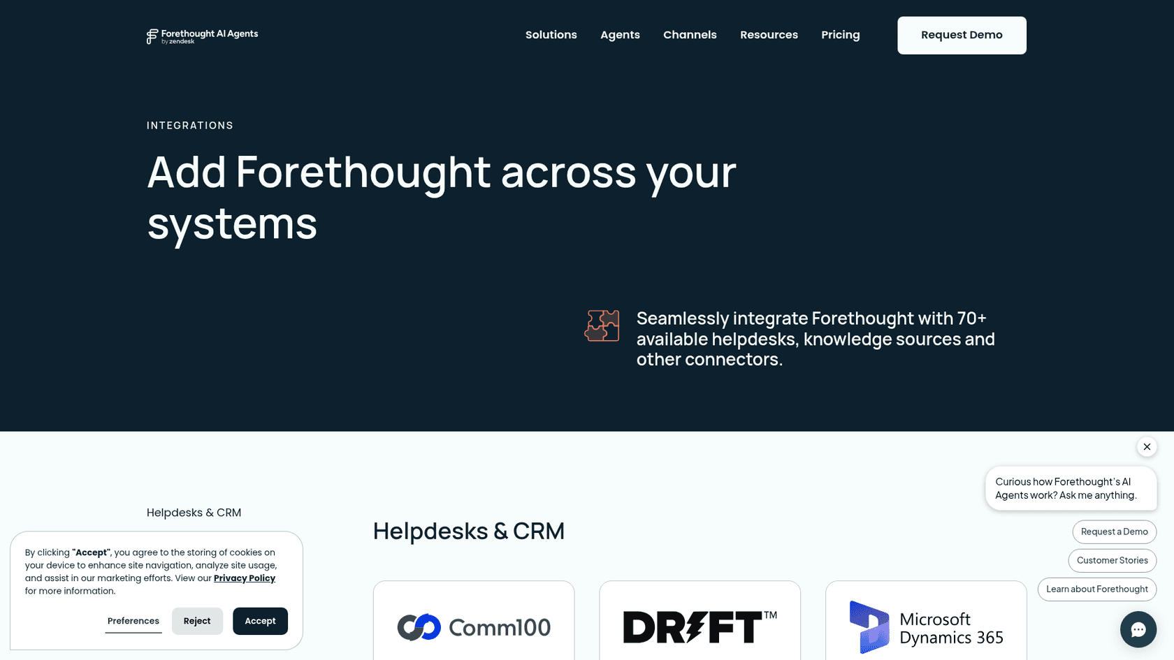 A screenshot of the Forethought integrations page showing the platform's connections to helpdesks, CRM tools, and knowledge sources.