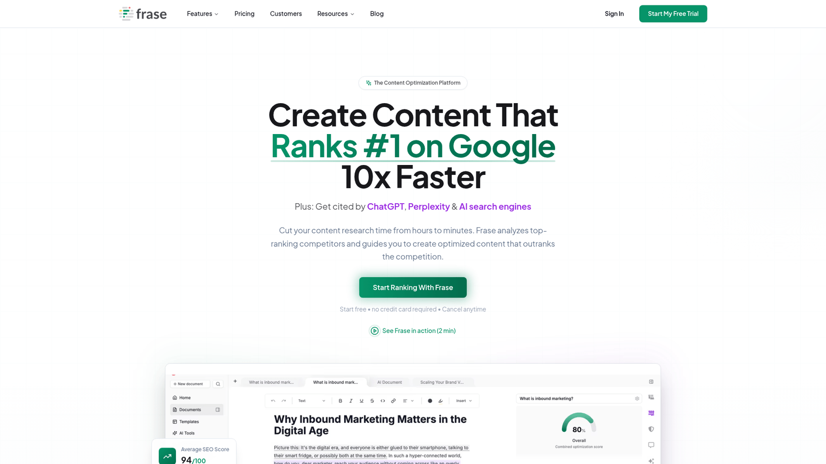 A screenshot of the Frase AI website homepage, a tool for content research and optimization.