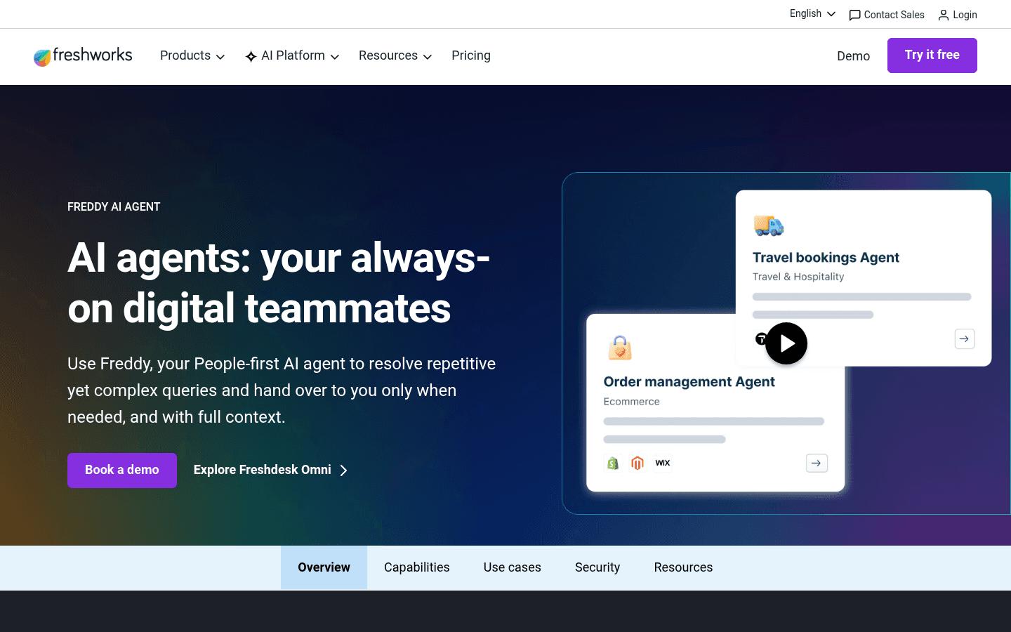 Freshdesk Freddy AI Agent page showing the no-code agent studio