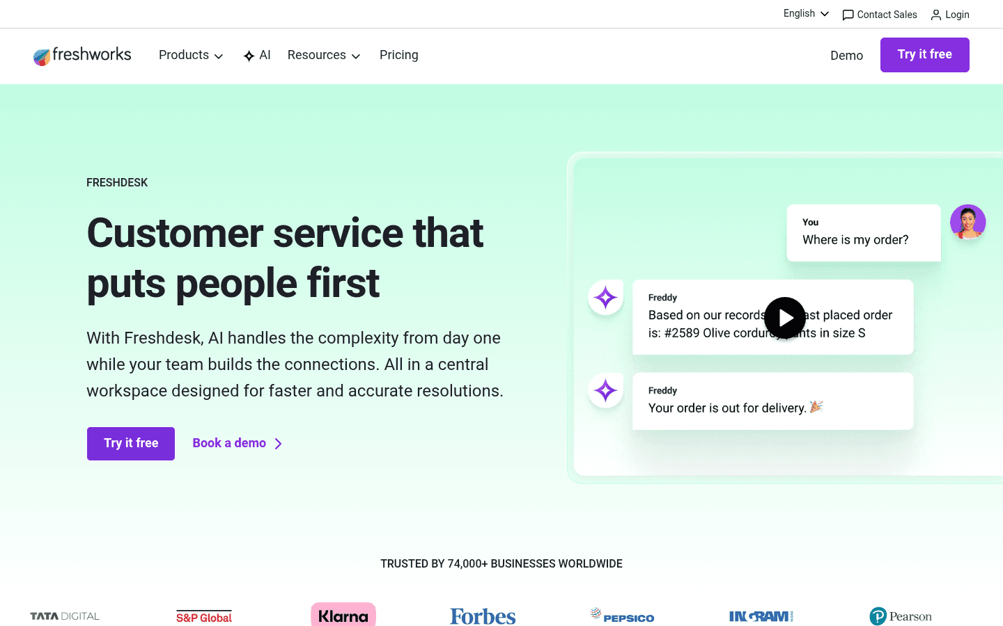 Freshdesk homepage showing the Freddy AI suite for customer support