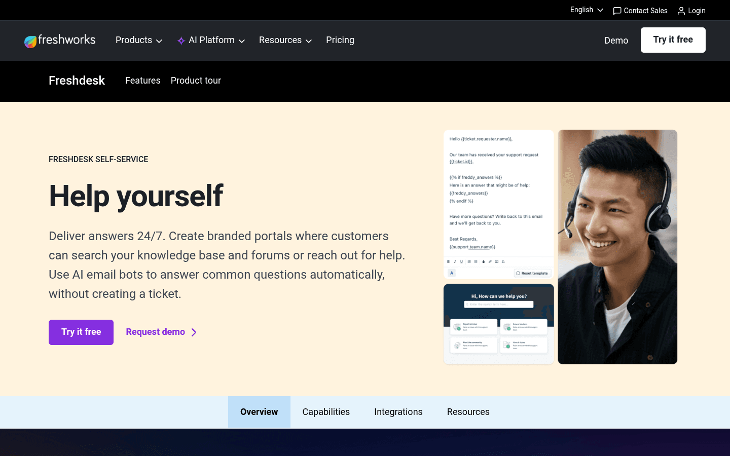 Freshdesk's self-service portal feature page showing the branded customer portal and knowledge base UI