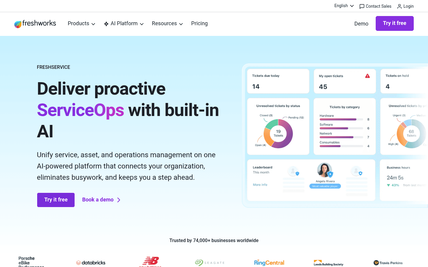 Freshservice helpdesk platform homepage