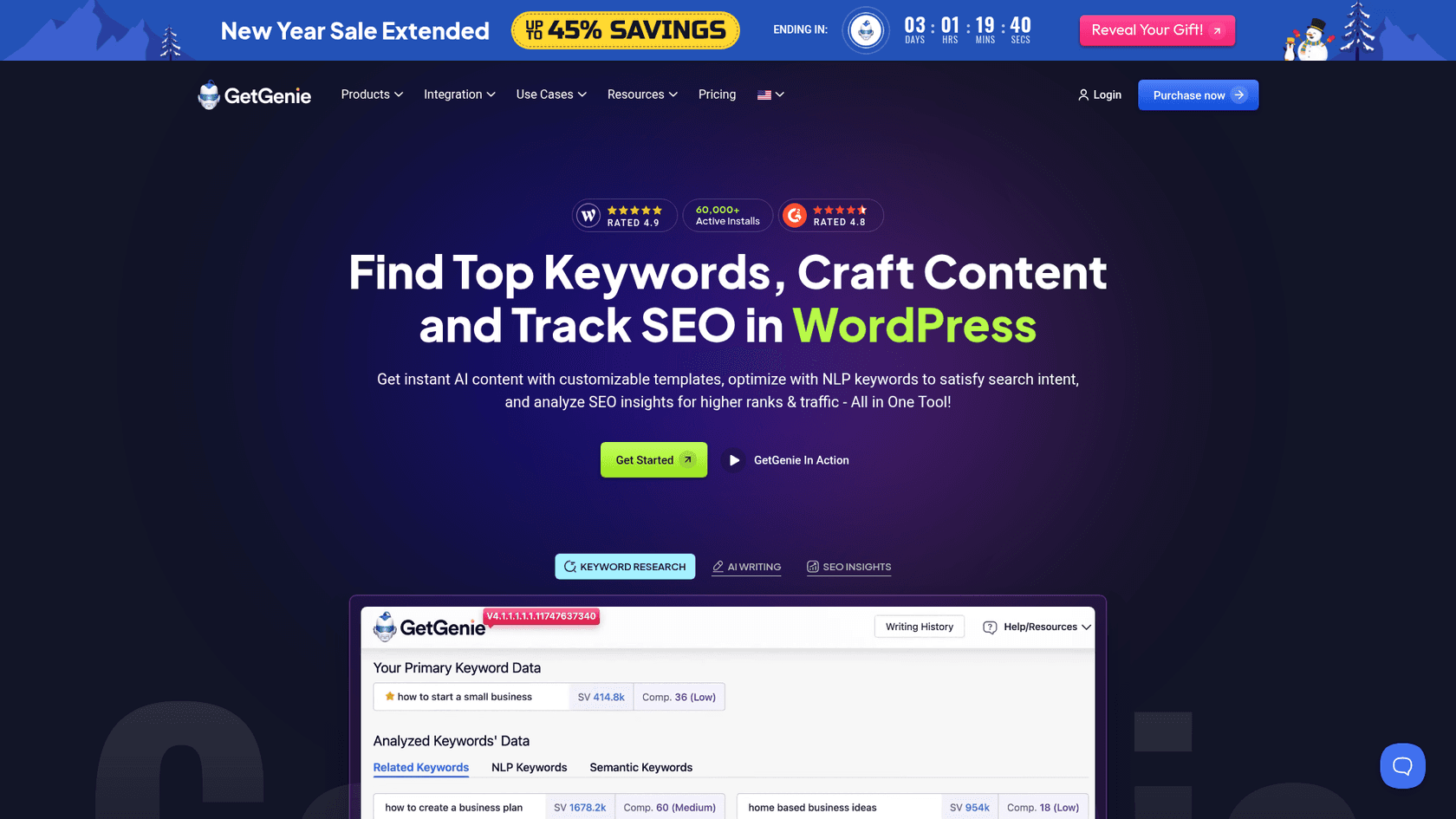 A screenshot of the GetGenie AI blog WordPress plugin website, an all-in-one AI content and SEO assistant.
