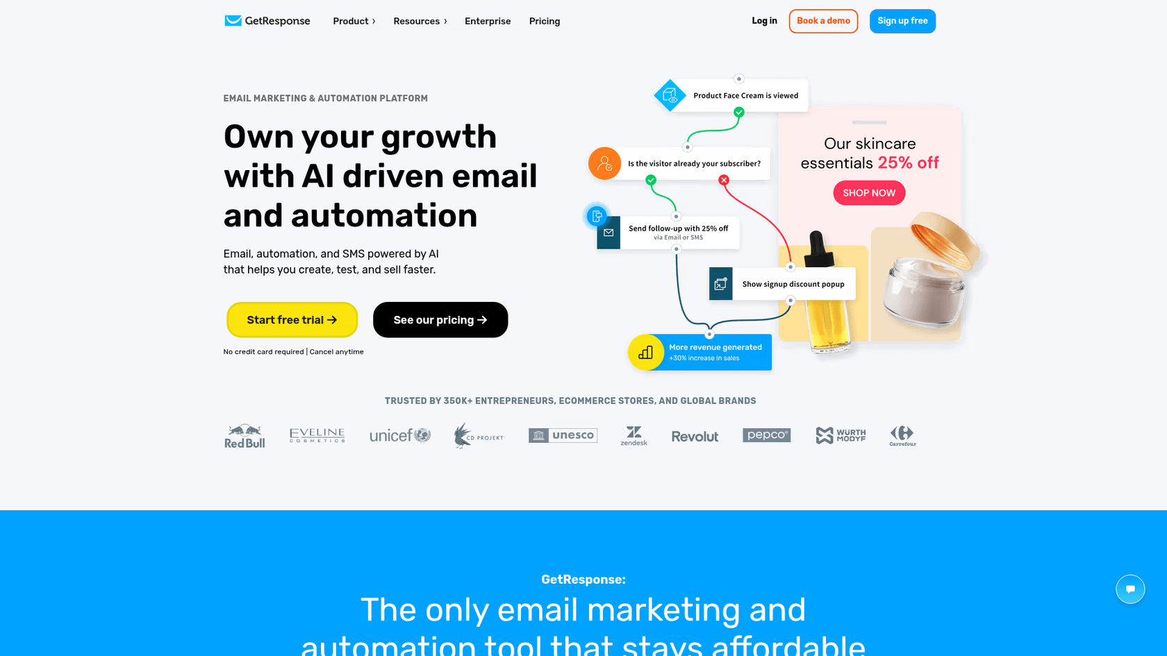 A screenshot of the GetResponse landing page, which offers a suite of tools for automated marketing platforms.