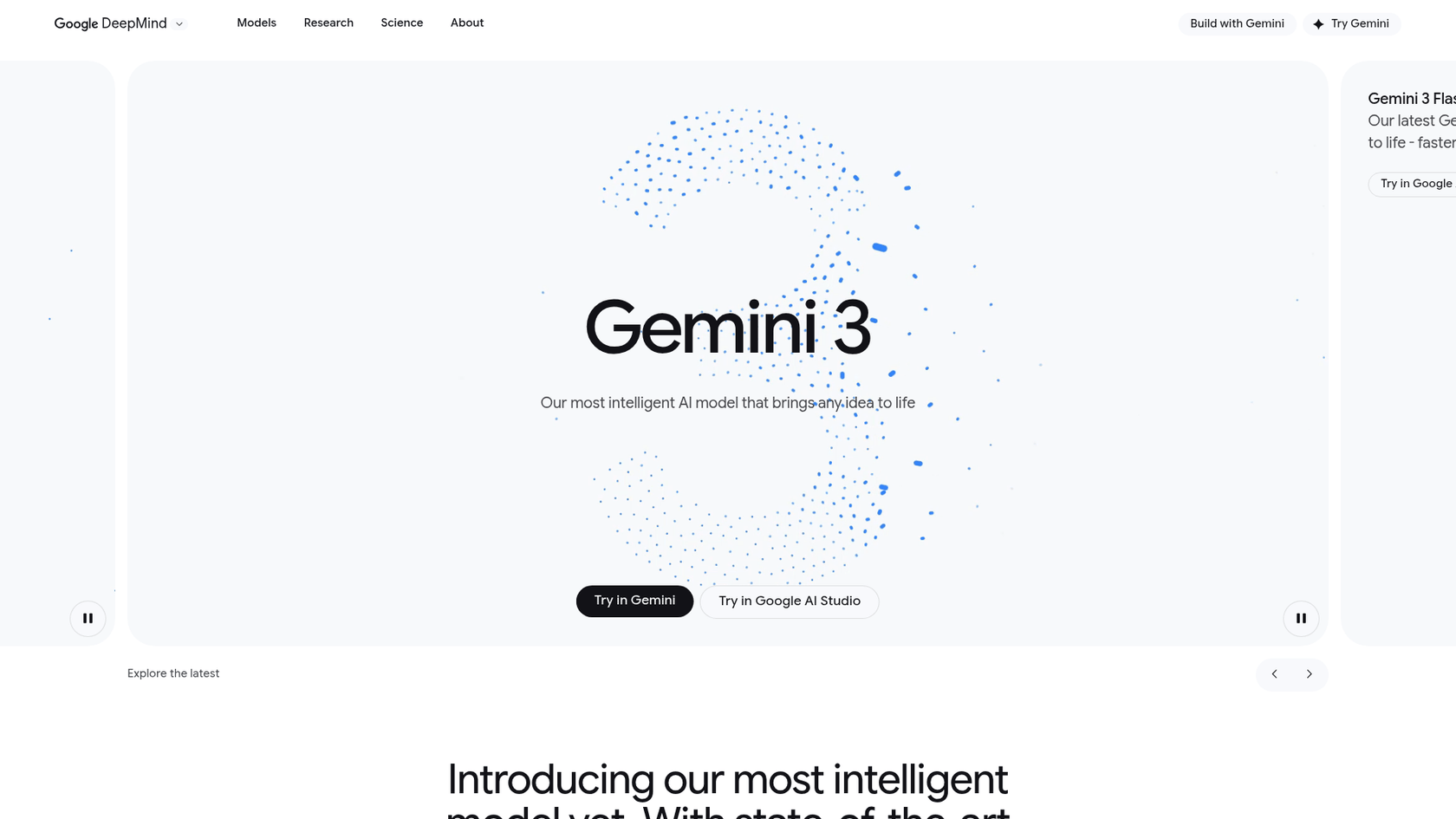 Uma captura de tela da página inicial do Google DeepMind Gemini 3 Pro, uma ferramenta poderosa para pesquisa no contexto do melhor LLM para escrita de blogs.