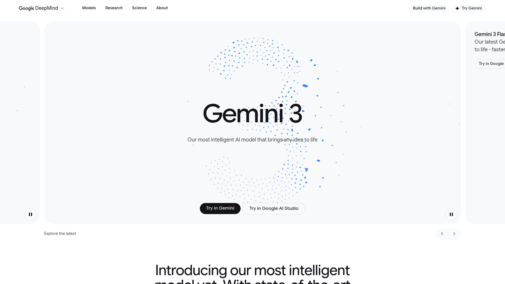 Uma captura de tela da página inicial do Google DeepMind Gemini 3 Pro, uma ferramenta poderosa para pesquisa no contexto do melhor LLM para escrita de blogs.