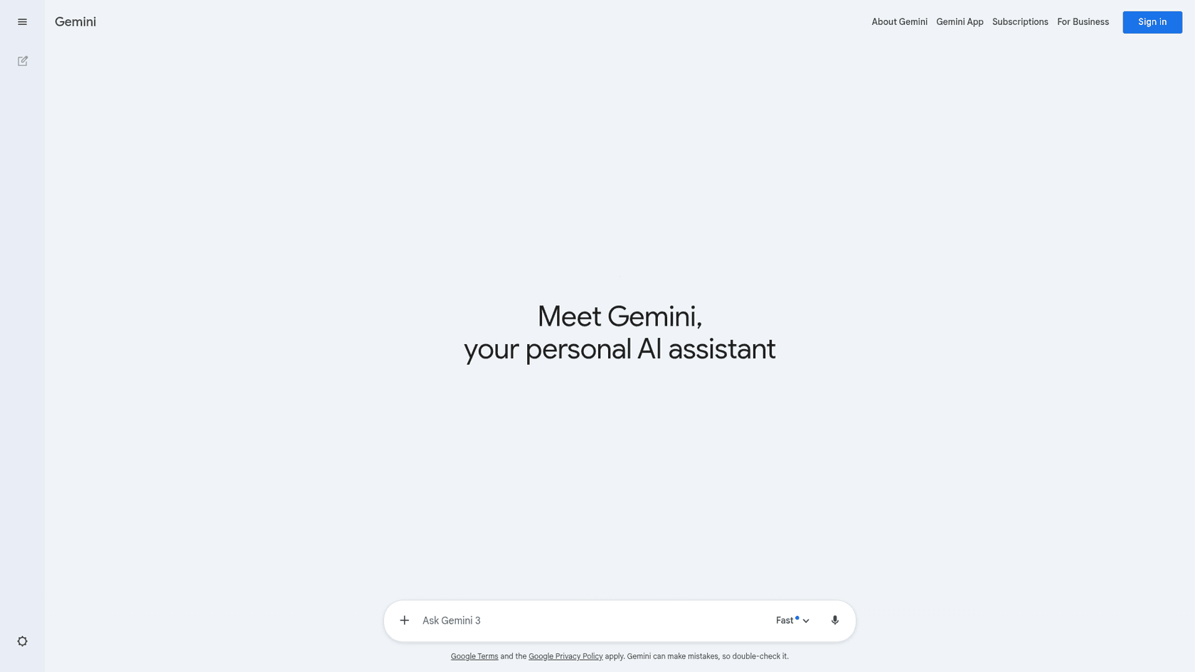 The Google Gemini landing page, showcasing its conversational AI capabilities in our Gemini vs Rytr analysis.