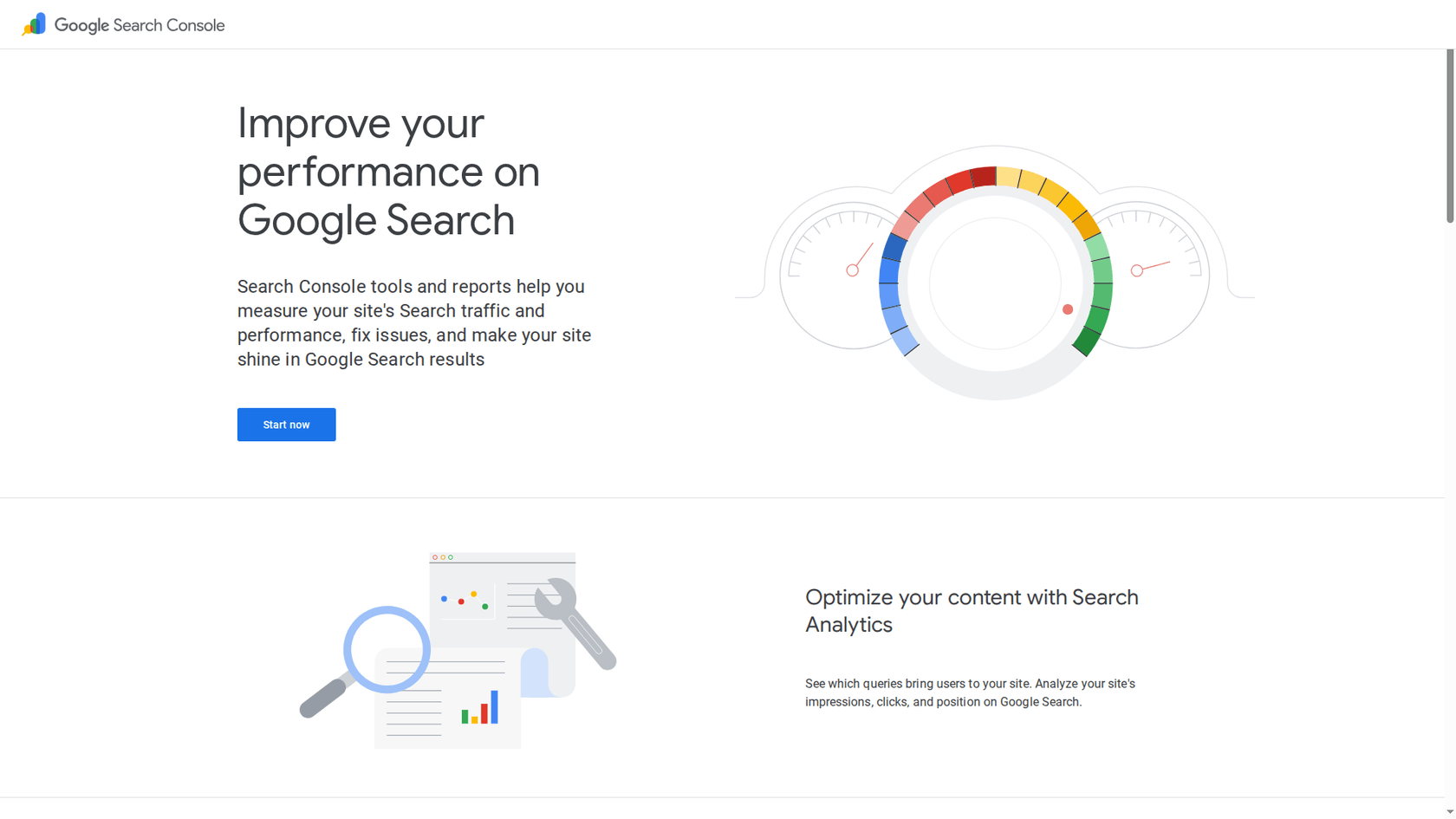 リンク切れがSEOにどのように影響するかなどの問題を特定するために使用されるツール、Google Search Consoleのランディングページのスクリーンショット。