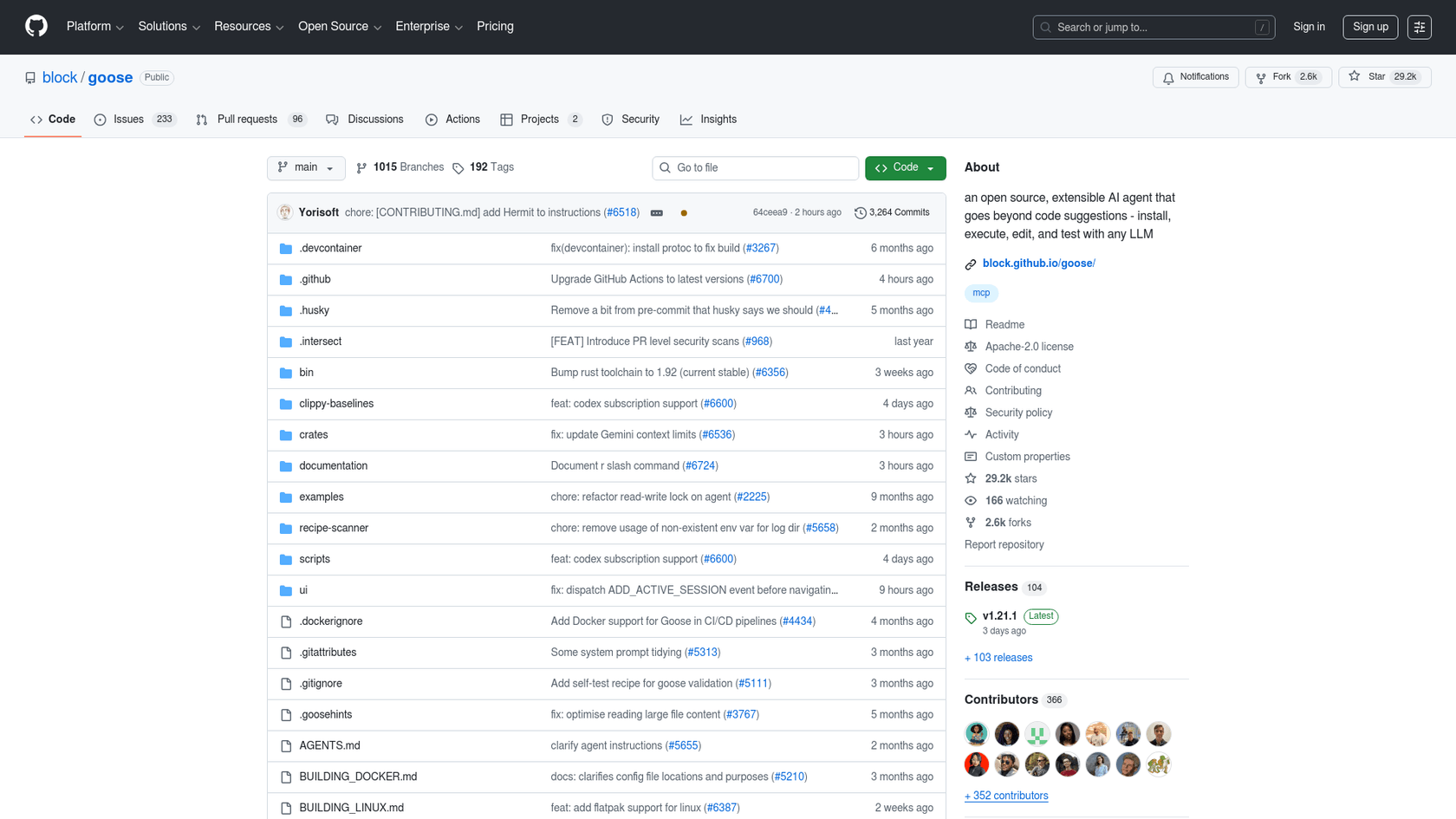 Une capture d'écran du dépôt GitHub de Goose, une implémentation de référence open-source pour les applications MCP.