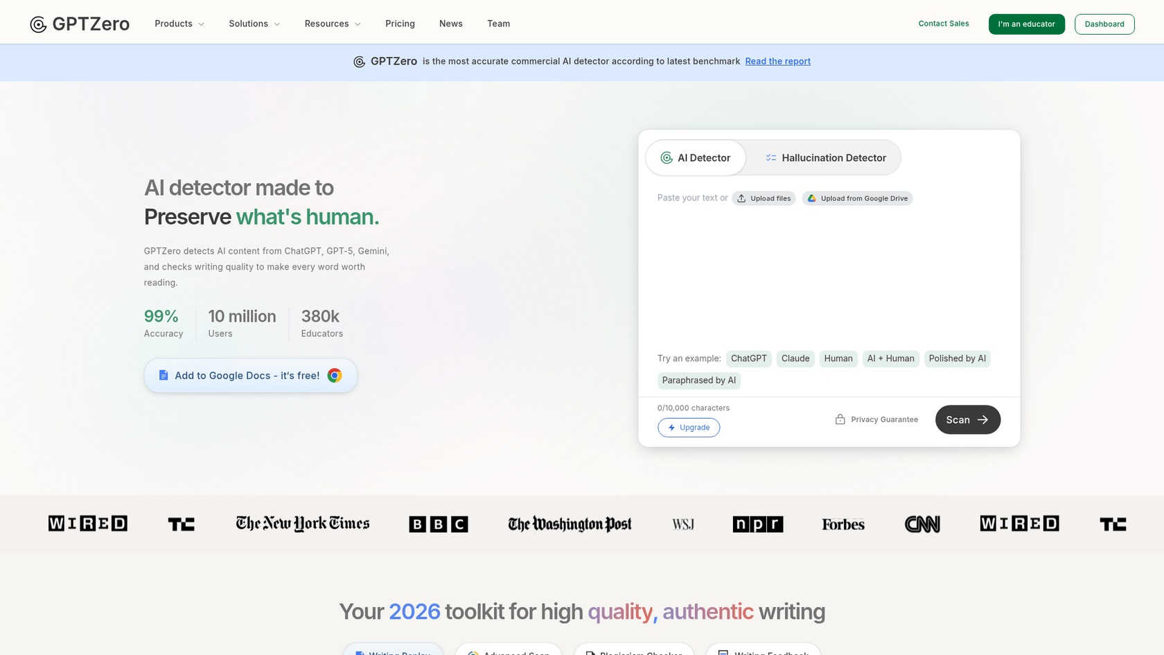 A screenshot of the GPTZero landing page, a popular software to detect AI writing used by educators.
