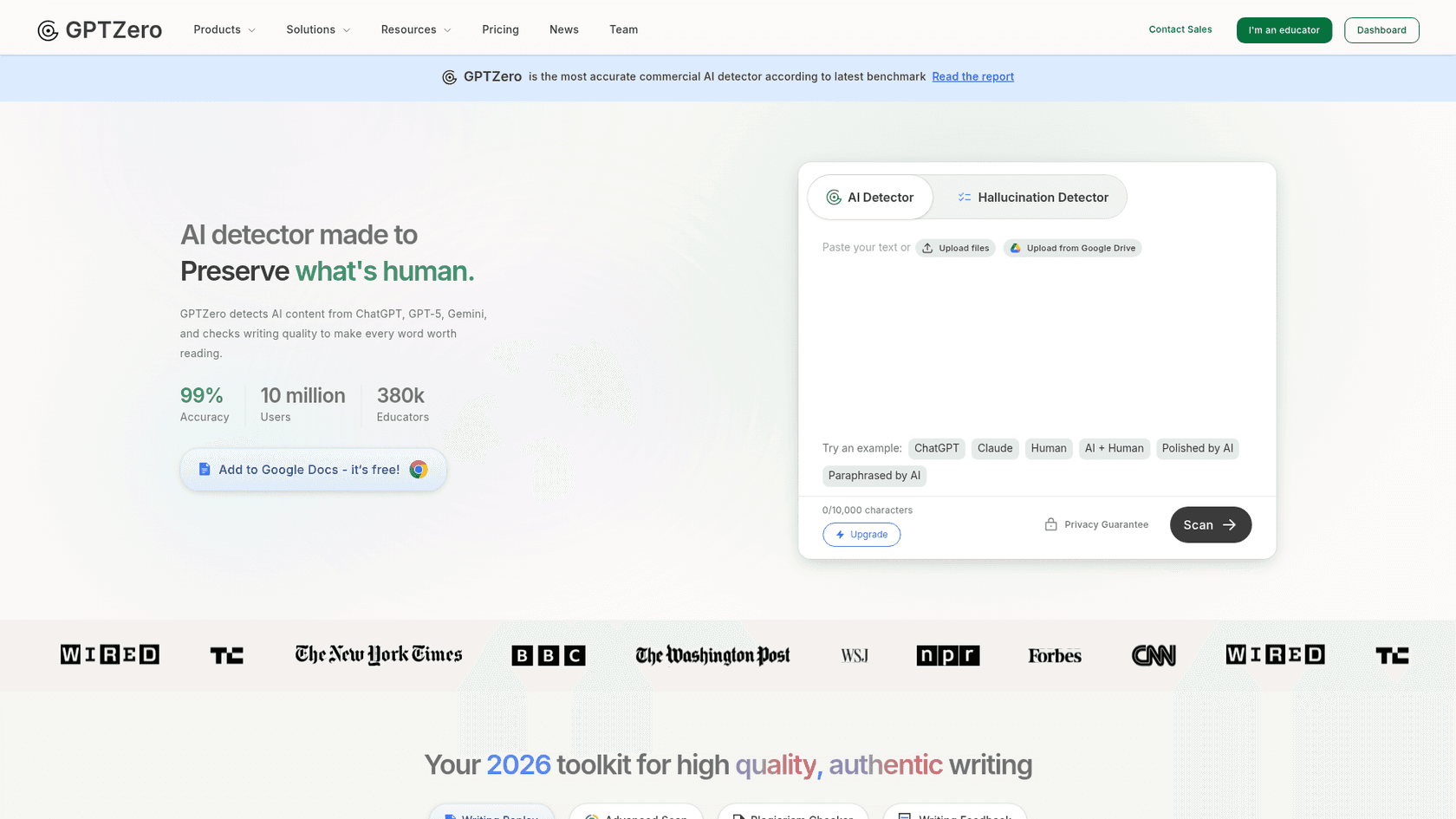 A screenshot of the GPTZero homepage, a popular writer AI content detector for academic use.