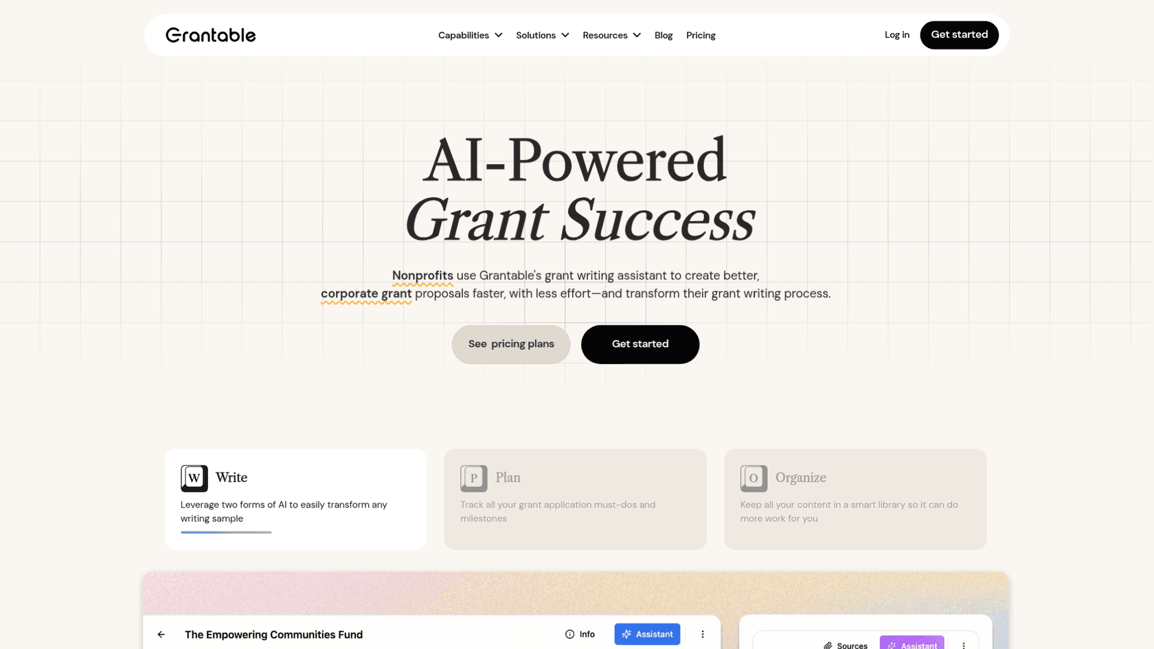 A screenshot of the Grantable homepage, an AI grant writing software focused on content management.