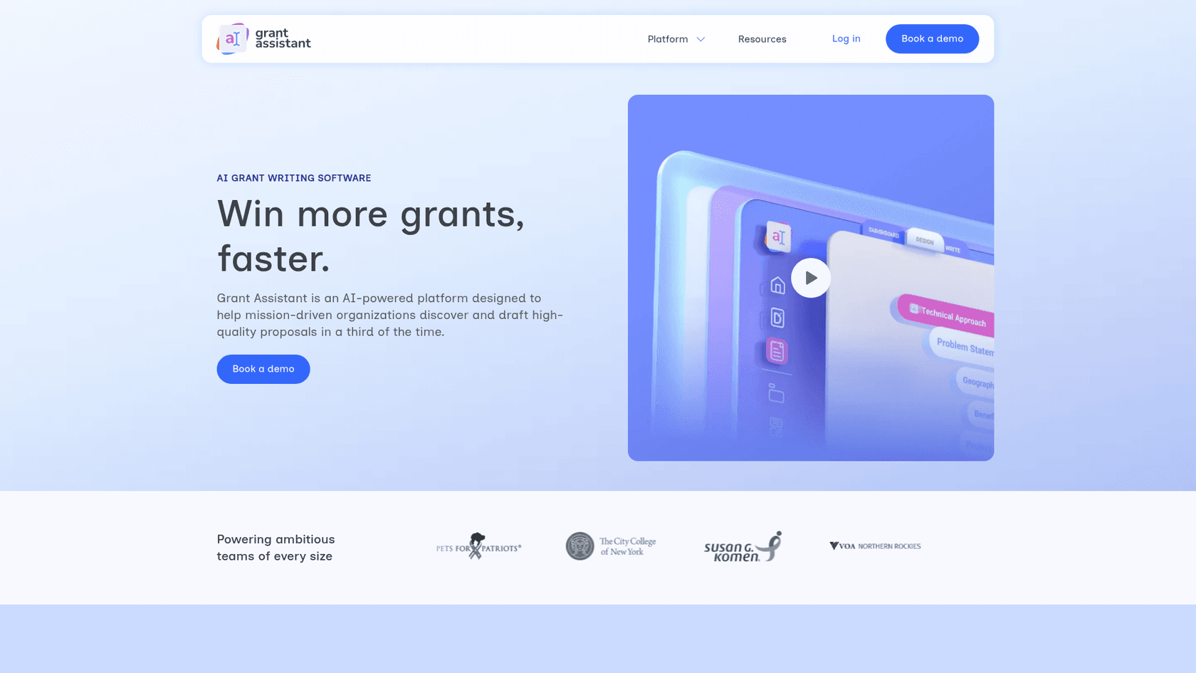 A screenshot of the Grant Assistant homepage, a purpose-built AI grant writing software.