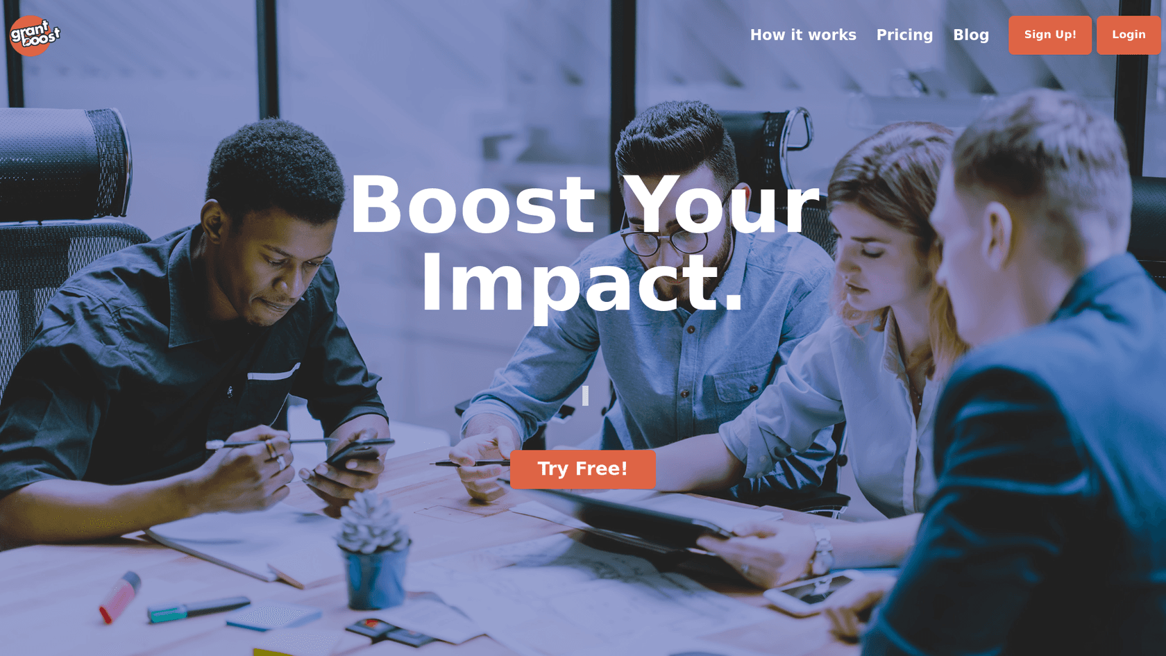 A screenshot of the Grantboost homepage, a tool that functions as AI grant writing software.