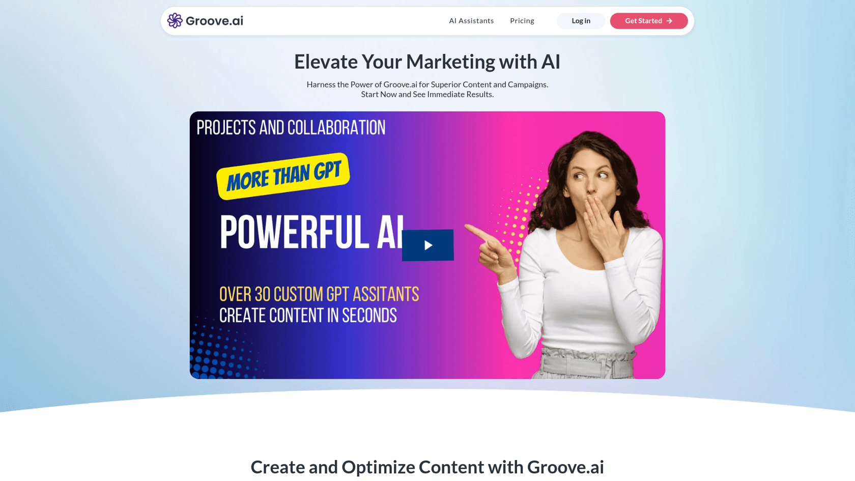 Groove.ai-Landingpage, die die Benutzeroberfläche der KI-Plattform zur Content-Erstellung zeigt.