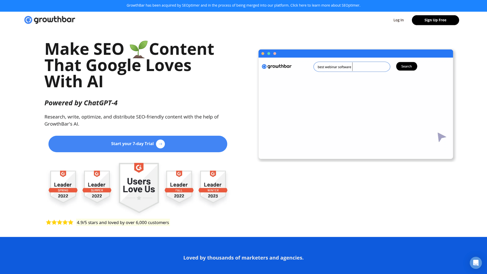 Captura de pantalla de la página de inicio de GrowthBar, que muestra sus funciones para una comparación entre Jasper AI y GrowthBar.