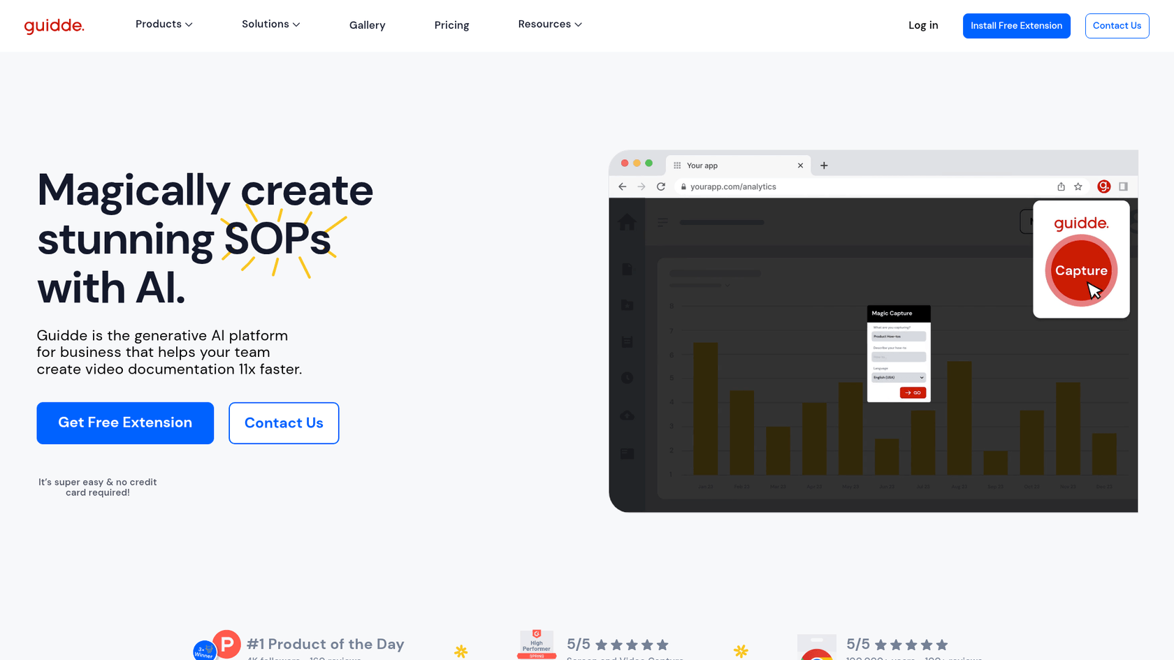 A screenshot of the Guidde website's main landing page, a tool used for how to create AI how-to guides.