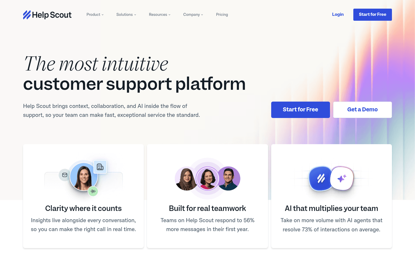 Help Scout homepage emphasizing intuitive customer support with AI inside the flow