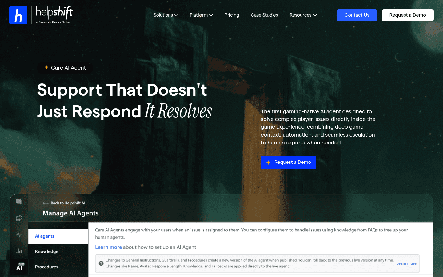 Helpshift Care AI agent configuration and deployment page