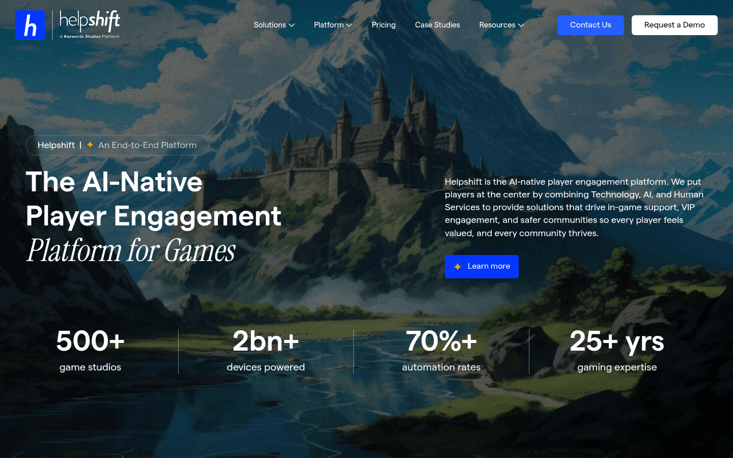 Helpshift platform homepage showing player engagement solutions
