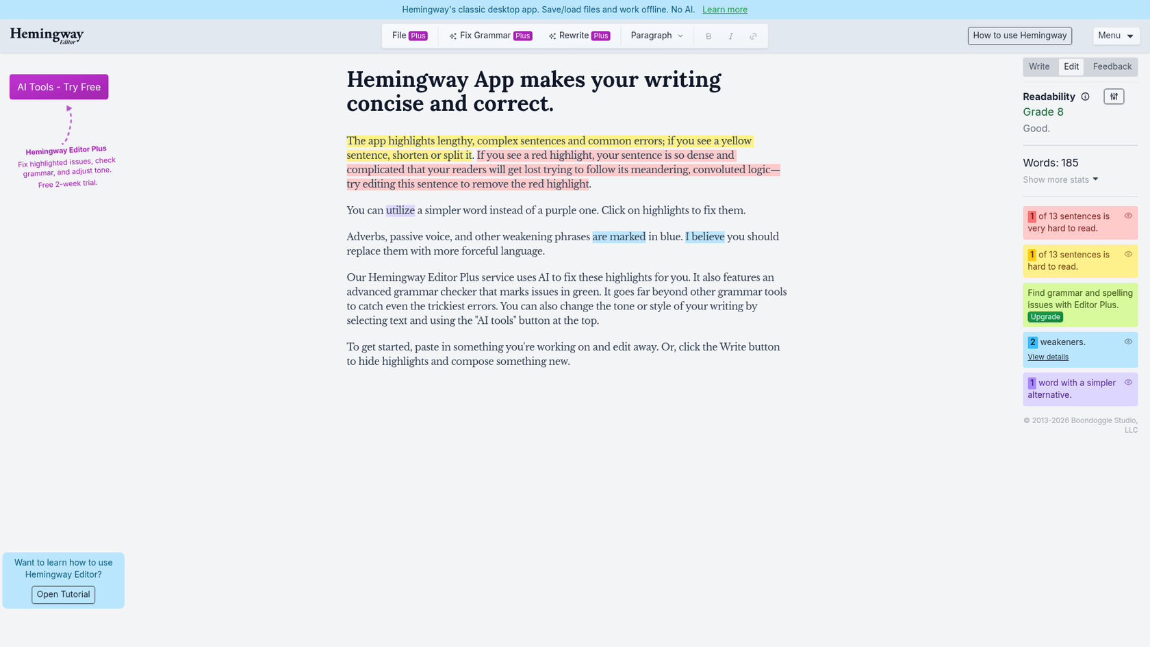 A screenshot of the Hemingway App website, a helpful tool on our resource list for blog writing.