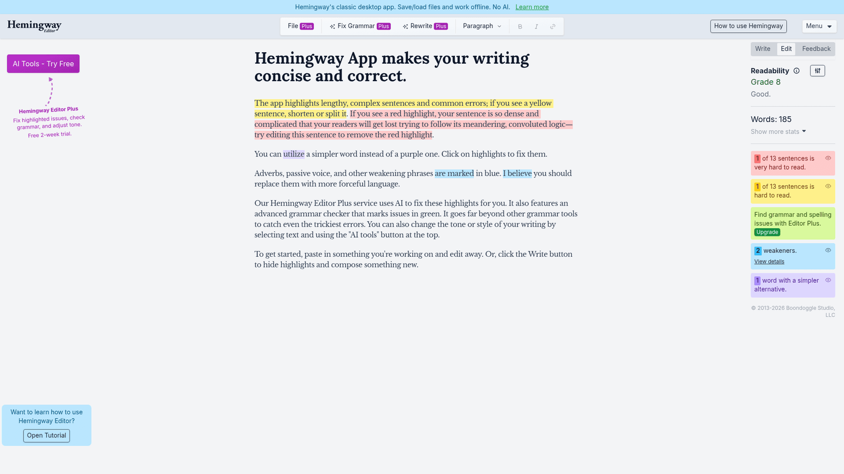 A screenshot of the Hemingway App website, a tool that helps with readability when you are learning how to proofread blog posts.