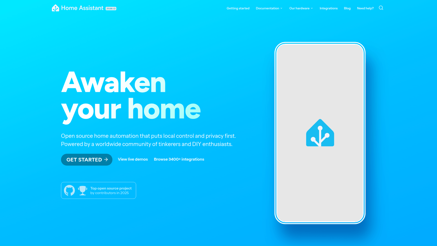 A screenshot of the Home Assistant homepage, a platform for smart home automation that works with Clawd Bot integrations.