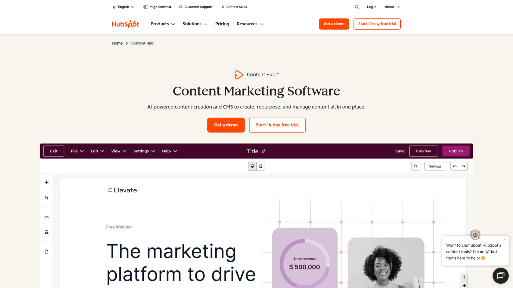 The landing page of HubSpot's Content Hub, which includes tools to help maintain brand voice with AI.