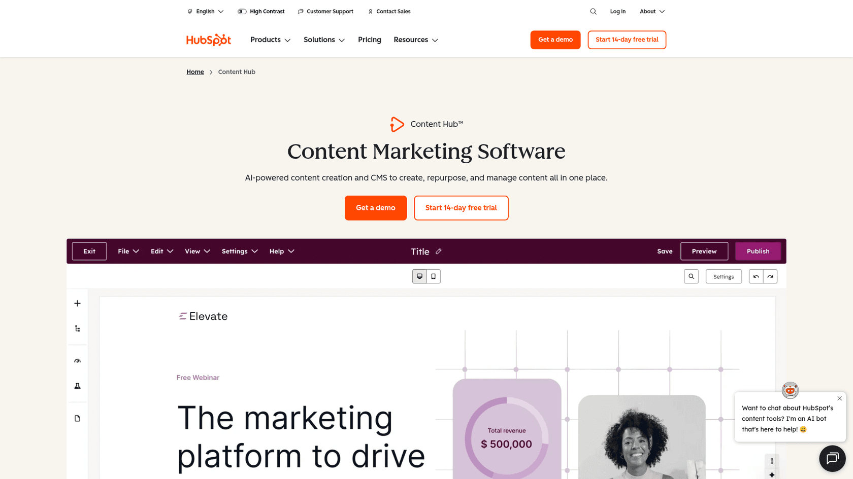 Página inicial do Content Hub do HubSpot apresentando o escritor de blog com IA e ferramentas de gerenciamento de conteúdo.