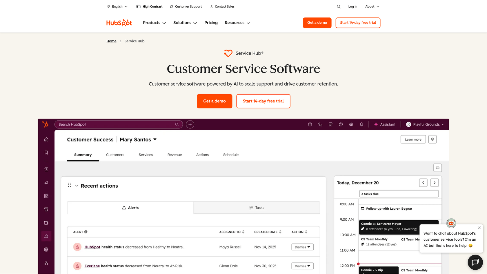 Página de destino do HubSpot Service Hub com visão geral do produto e recursos