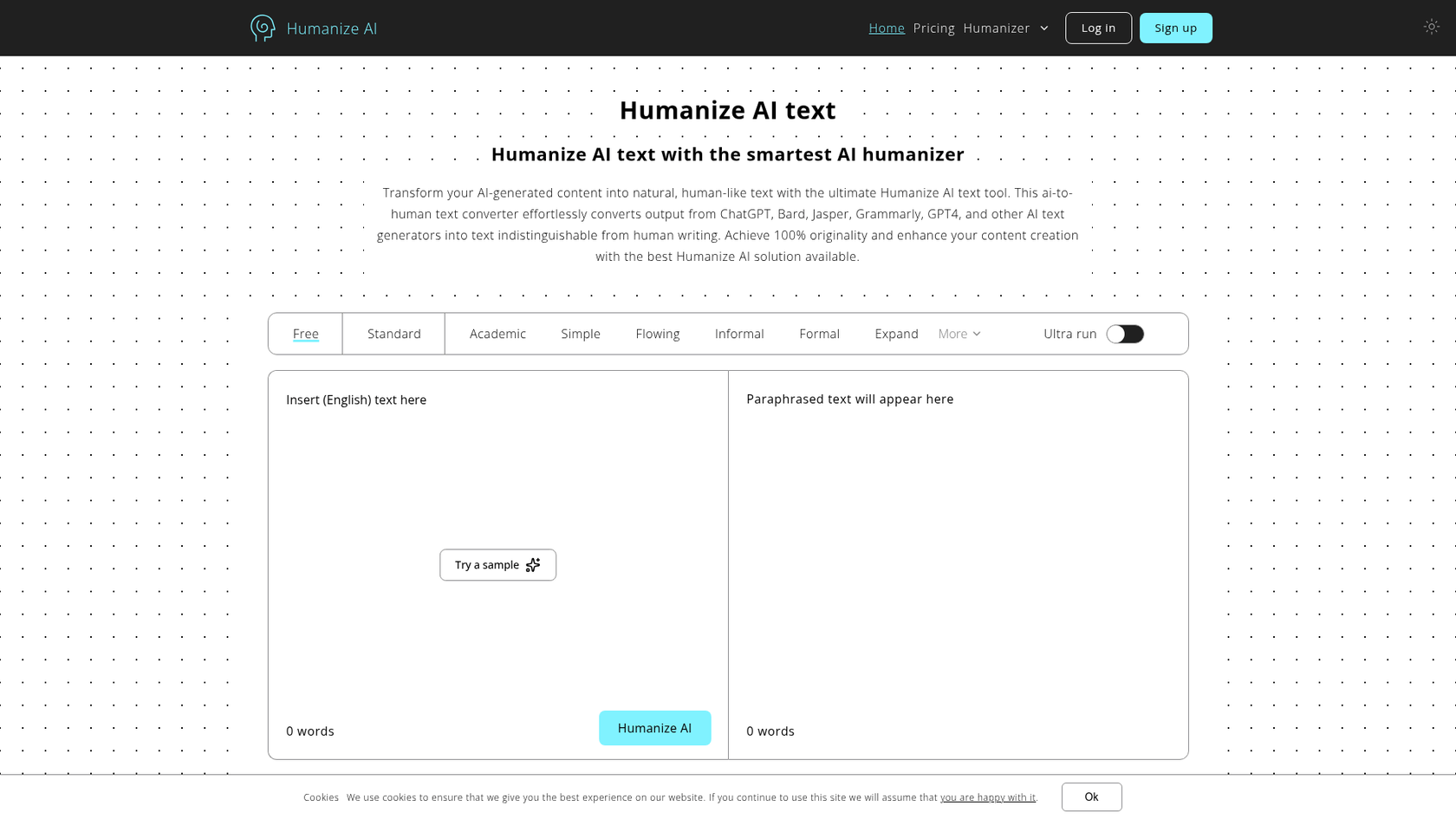 A screenshot of the HumanizeAI.pro homepage, a tool designed to help with how to make AI content sound human.