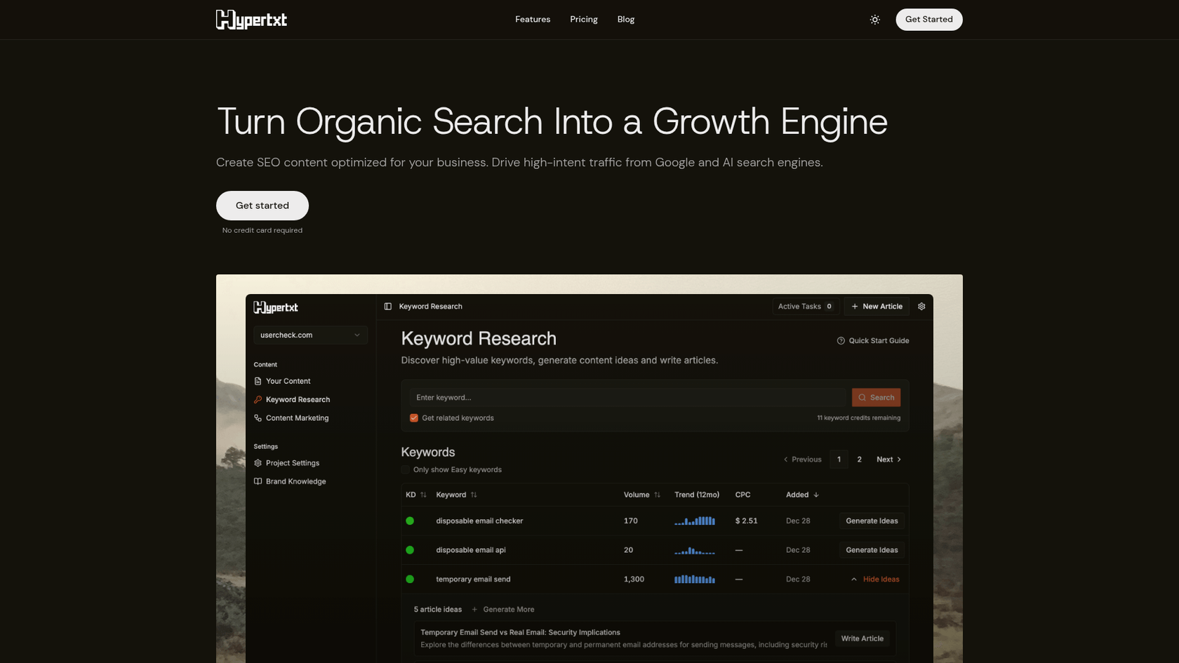 A screenshot of the Hypertxt.ai website, a research-focused multilingual AI blog writer.